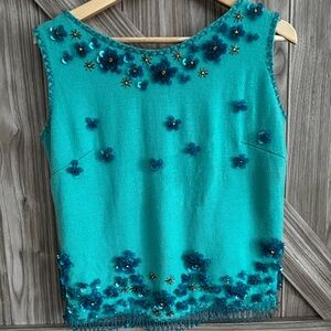 VTG cocktail sleeveless sweater beaded in Teal with navy and silver beading